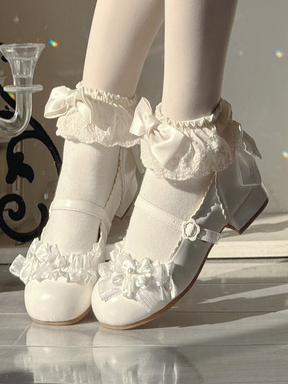 Flower-Shaped Buckle & Bow Accents PU Creamy White Cherry Blossom Themed Low-heel Mary Janes in Sweet Lolita