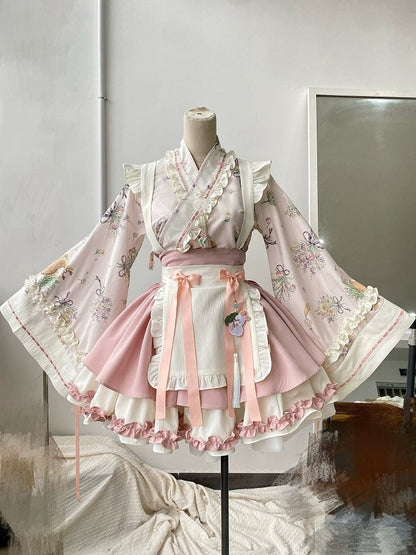 Sakura Pink Herbal Medicine Crossover Neckline Top + Skirt Han Lolita Set Cherry Blossom Festival Outfit