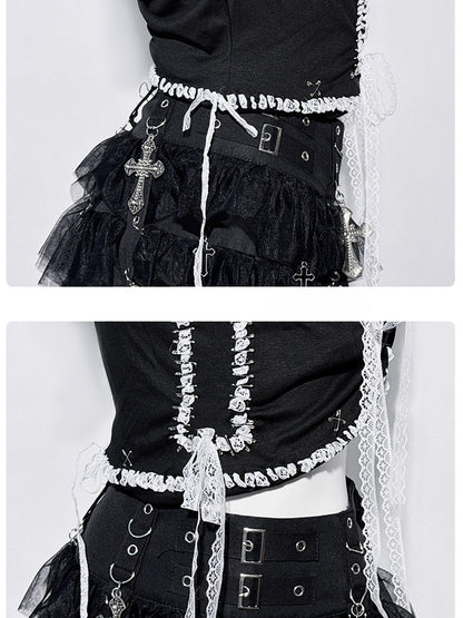 Black Cross Design White Lace Trim Fake Two-piece Top