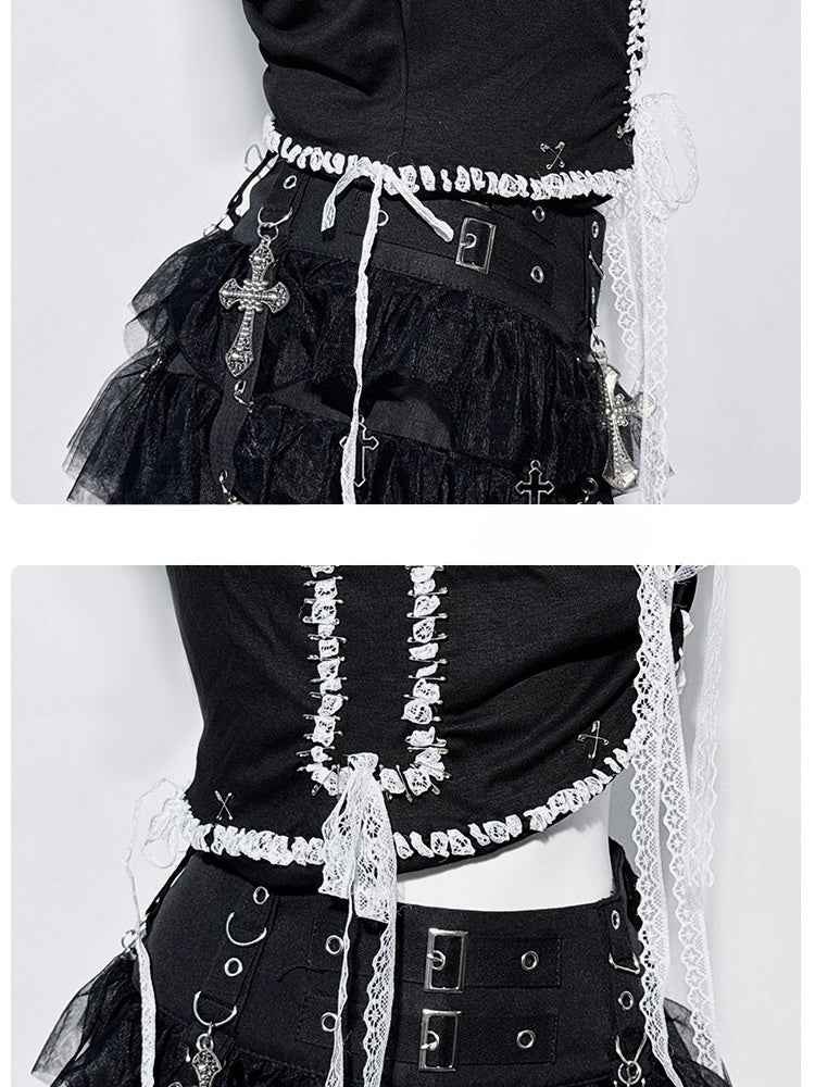 Black Cross Design White Lace Trim Fake Two-piece Top