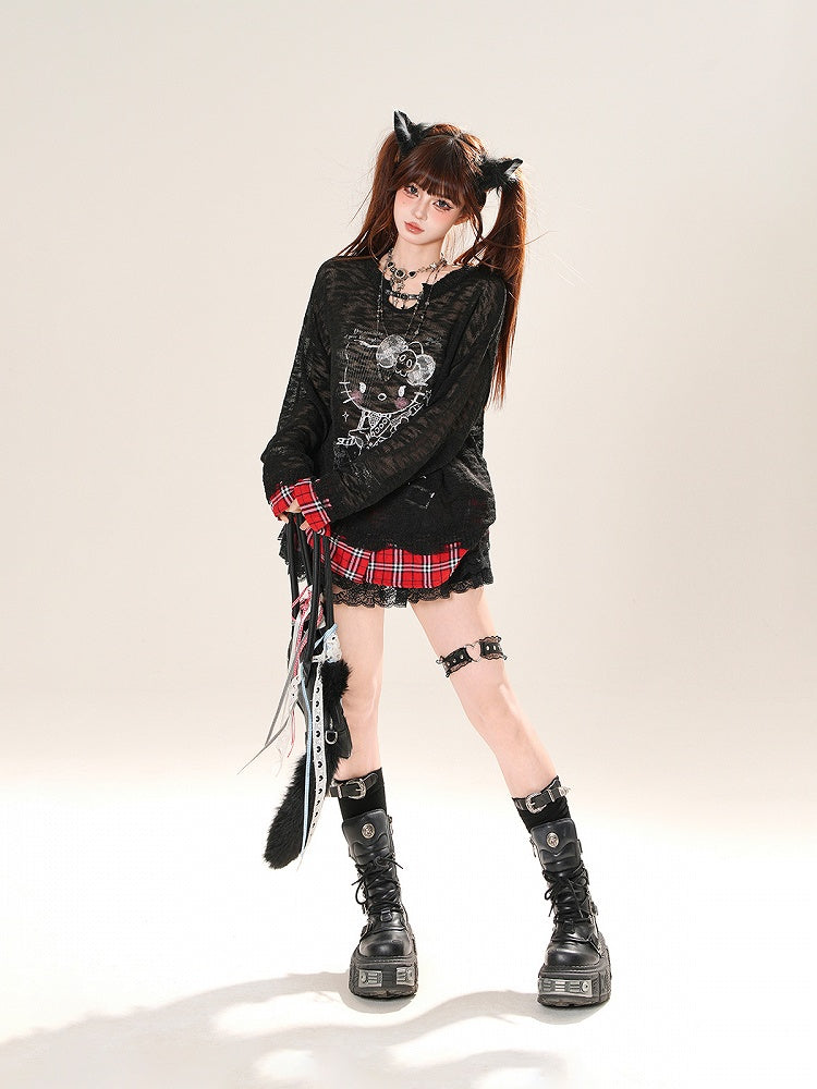 Red and Black Plaid Pattern Lace Trim Mini Tiered Skirt with Buckle Belt