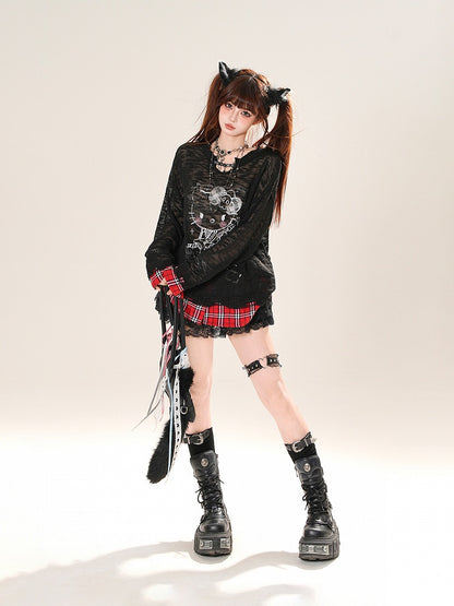 Red and Black Plaid Pattern Lace Trim Mini Tiered Skirt with Buckle Belt