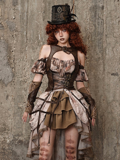 Brown PU Leather Vintage Steampunk Waistcoat Detachable Birdcage