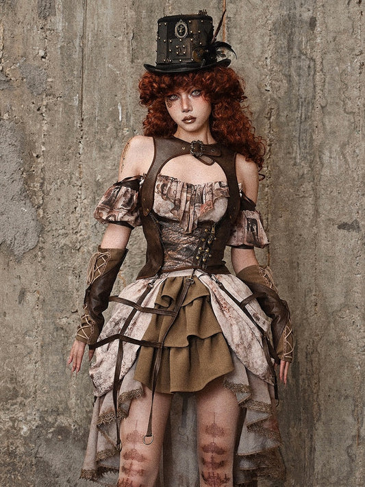 Brown PU Leather Vintage Steampunk Waistcoat Detachable Birdcage