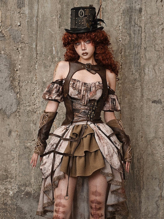 Brown PU Leather Vintage Steampunk Waistcoat Detachable Birdcage