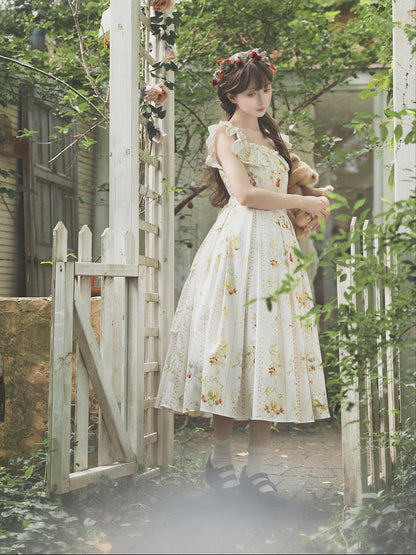 Hawthorn and Bird Print White Square Neckline Elegant Classic Lolita Dress with Waist Belt