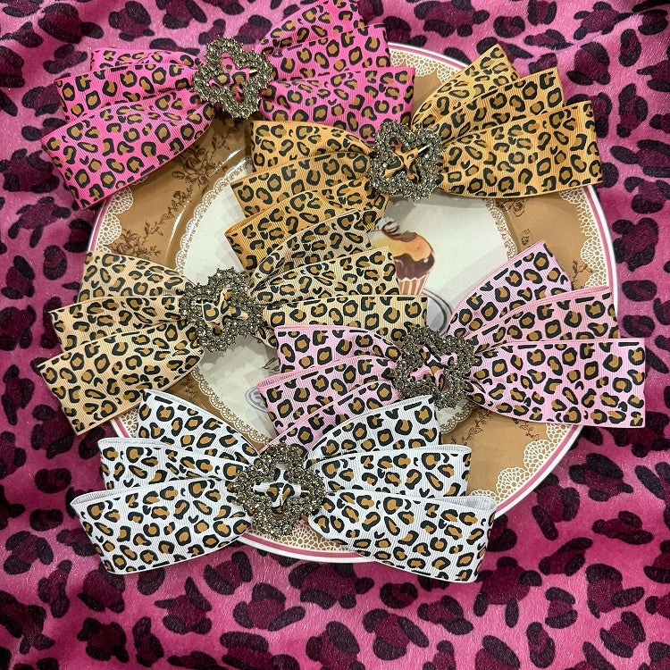 5 Color Options Rhinestone Decorated Leopard Pattern Bowknot Hairclip
