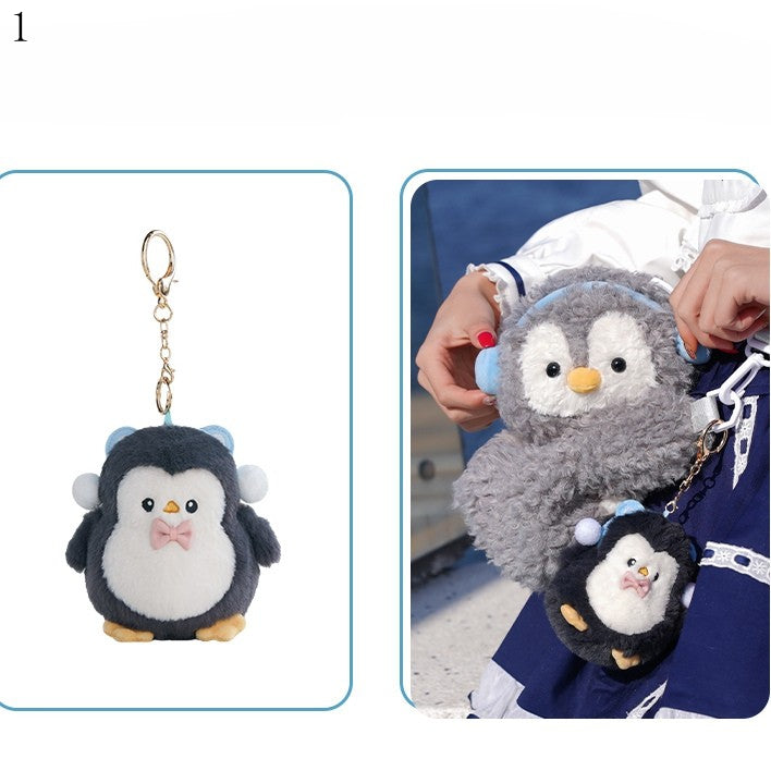 Light Gray Cute Penguin Plush Backpack/Crossbody Bag + 4 Options Keychain Middle/Large Size