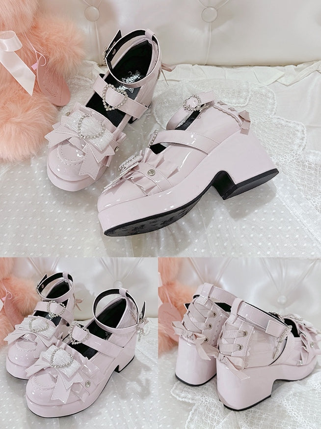 Jirai Kei Polished Pink Rhinestone Heart Decorated Lace-up Details Platform High Block Heels