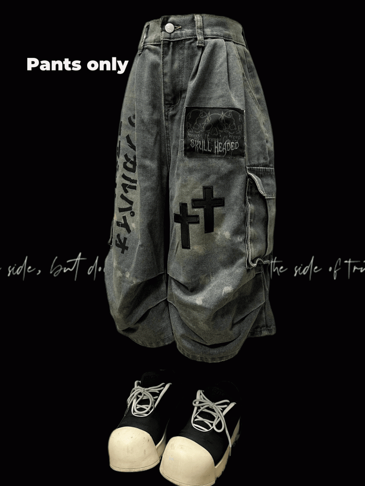 Wasteland Punk Light Blue Cross Appliques Distressed Wide-leg Cargo Jeans