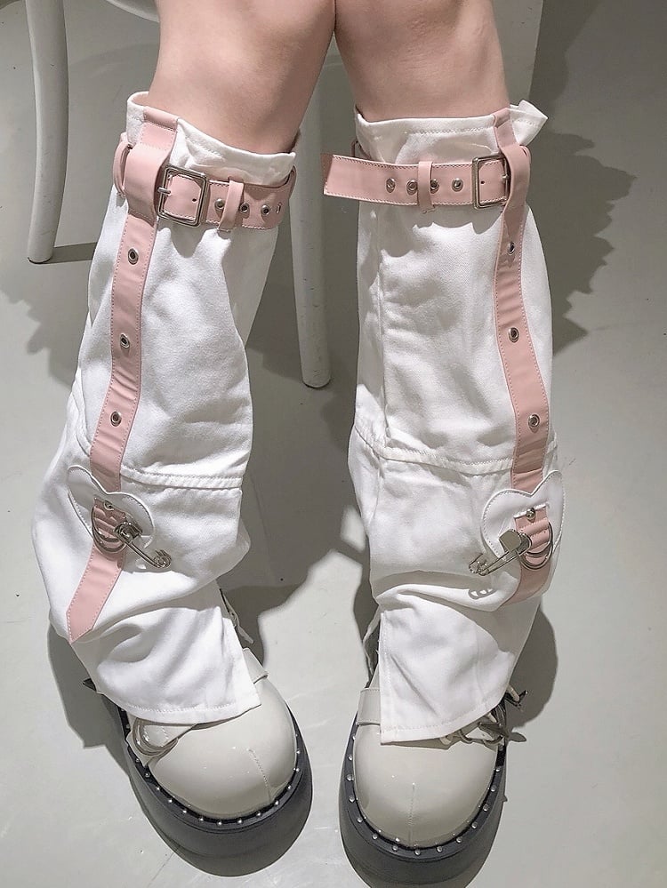 White Punk Buckles Decorated Pin Details Leg Warmers