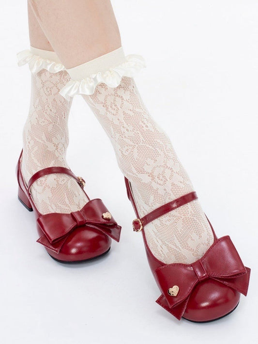 Bow at Top Wine Red Round Toe 3cm Heel Sweet Mary Jane Shoes
