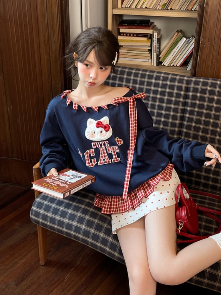 Red Plaid Self-tie Straps at Asymmetrical Neckline Kitty Embroidery Applique Navy Blue Sweatshirt