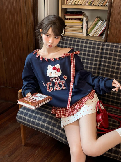 Red Plaid Self-tie Straps at Asymmetrical Neckline Kitty Embroidery Applique Navy Blue Sweatshirt
