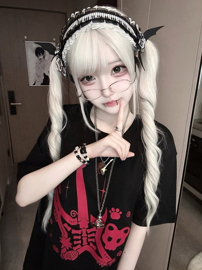 Black and Red Punk Rock Guitar Print Jirai Kei T-Shirt with Guitar Pick Necklace