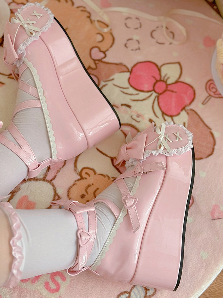Polished Pink Crisscross Design Bunny Ear Bowknot Sweet Lolita 6.5CM Platforms