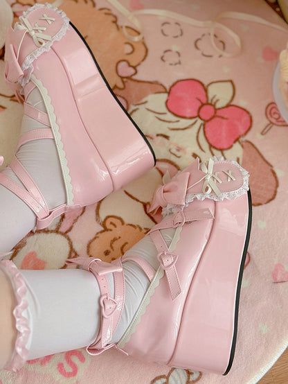 Polished Pink Crisscross Design Bunny Ear Bowknot Sweet Lolita 6.5CM Platforms