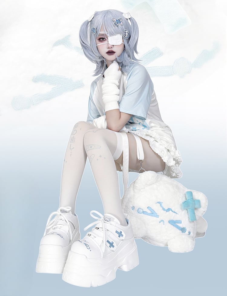 Yami Kawaii Matte White Cross Velcro Strap Kitty Ears Design Platform Shoes