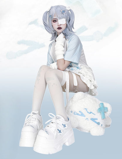 Yami Kawaii Matte White Cross Velcro Strap Kitty Ears Design Platform Shoes