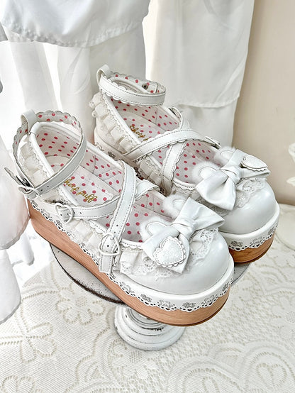 White Crisscross Design Bunny Ear Bow at Top Lace Trim Platforms