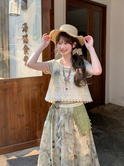 Mori Kei Light Green Round Neck Halter Neck Lace Trim T-Shirt