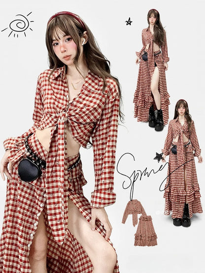 Red Plaid Pattern Floral Print Twist Details Shirt + Thigh-high Slit High-low Skirt
