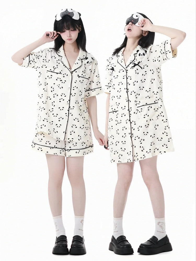 Beige Scalloped Edge Collar Allover Panda Print Shirt + Elastic Waist Shorts Pajamas Set