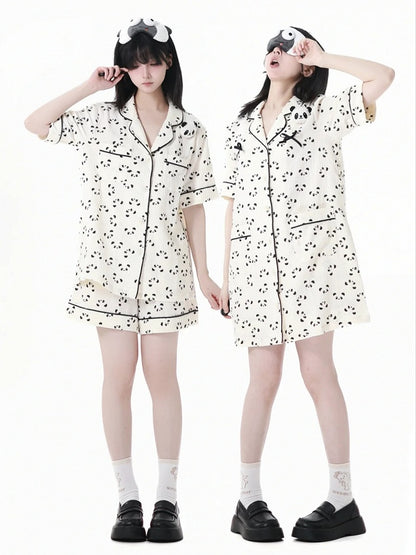 Beige Scalloped Edge Collar Allover Panda Print Shirt + Elastic Waist Shorts Pajamas Set