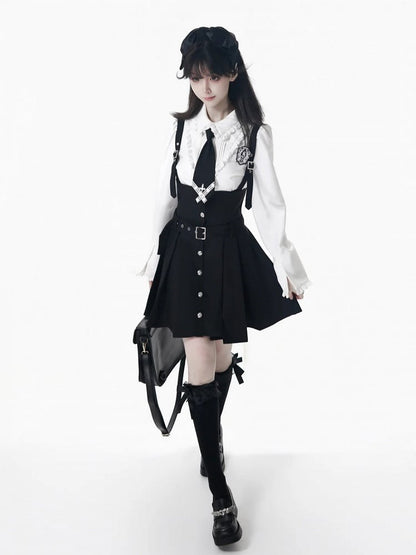 White Ruffled Waist-Tailored Shirt with Lace Trim - Preppy Chic