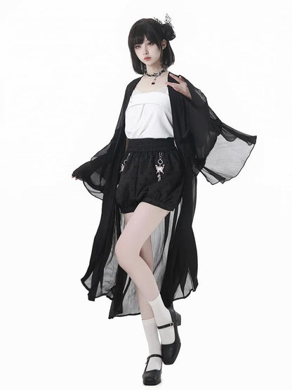 Black Cheongsam Style Polka-Dot Bubble Shorts with Butterfly Charms