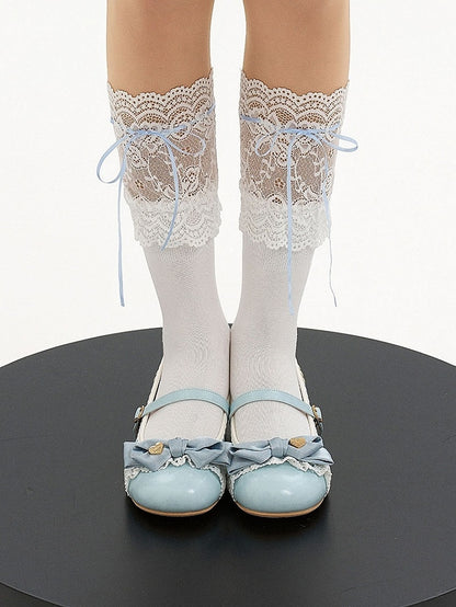 Blue Sweet Berry Low Heels in Lolita Style with Top Bow & Ring Buckle