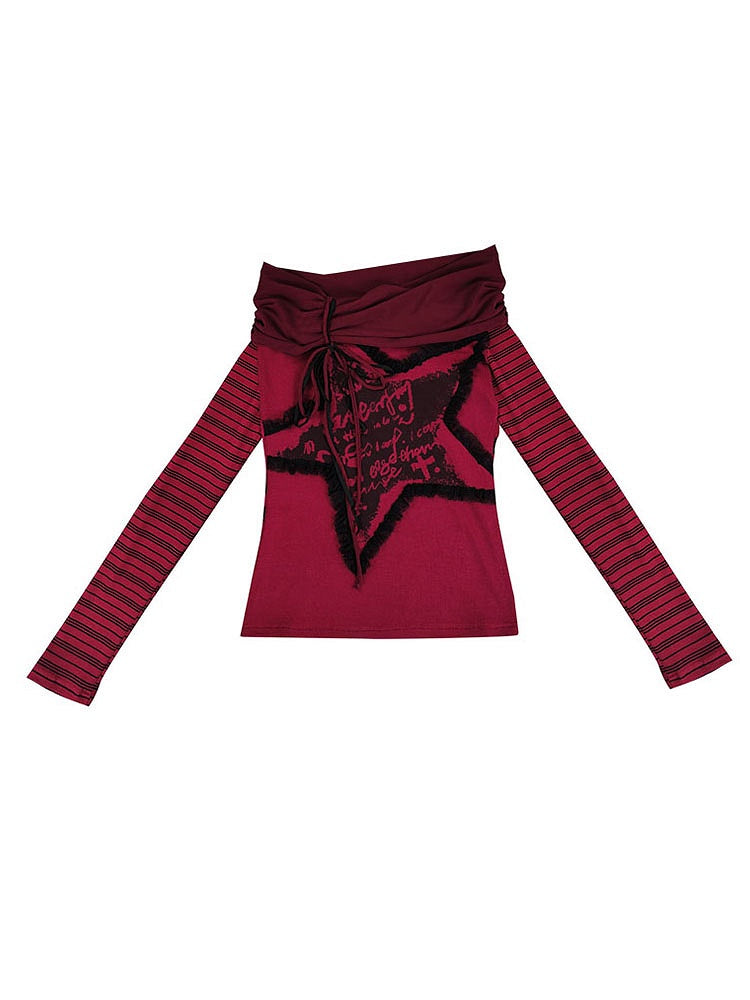 Star Design Letters Print Wine Red Off-the-shoulder Neckline Top