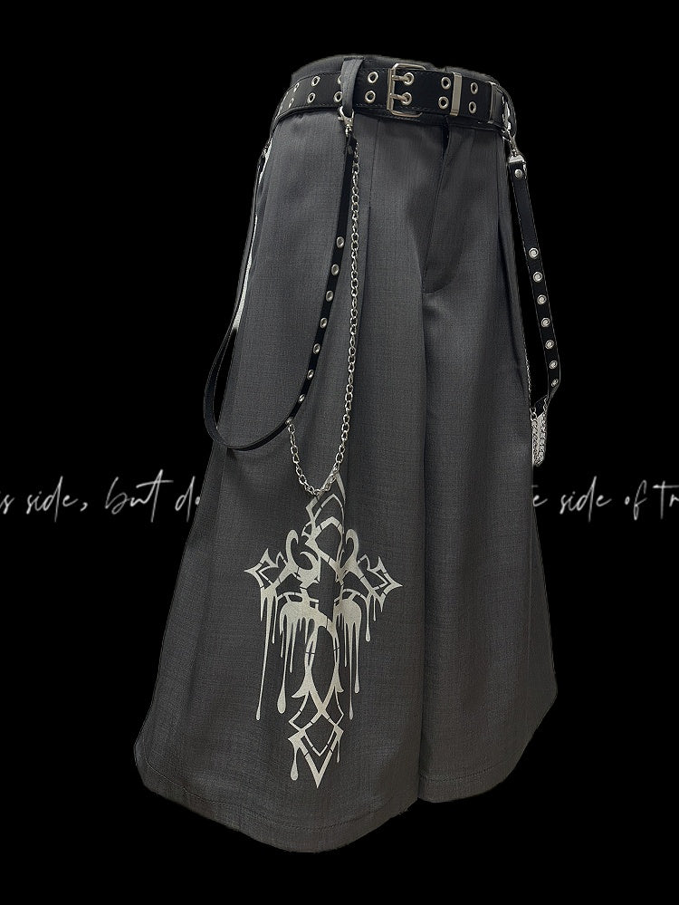 Gray Cross Print Vintage Wide-Leg Pants