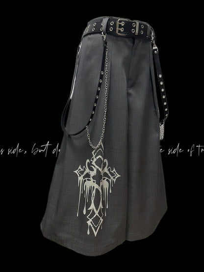Gray Cross Print Vintage Wide-Leg Pants