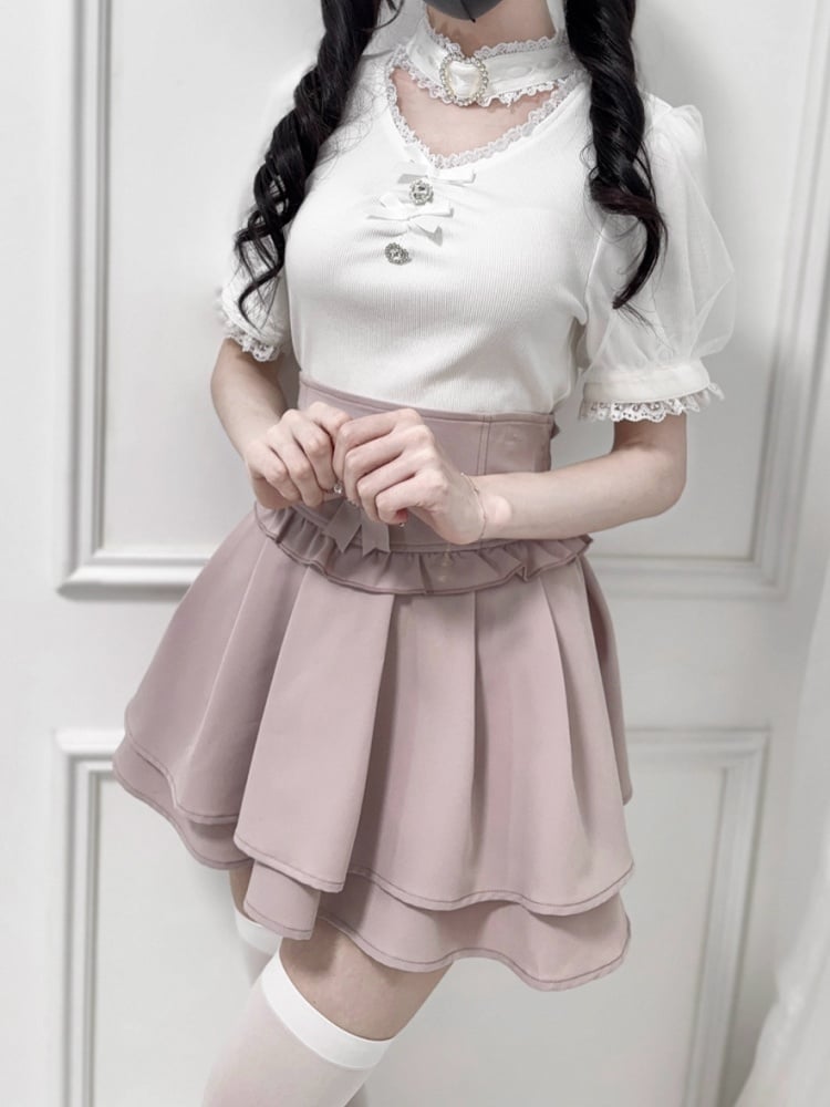 Dusty Pink Jirai Kei Corset Waist Double-Layered Skirt with Detachable Bowknots