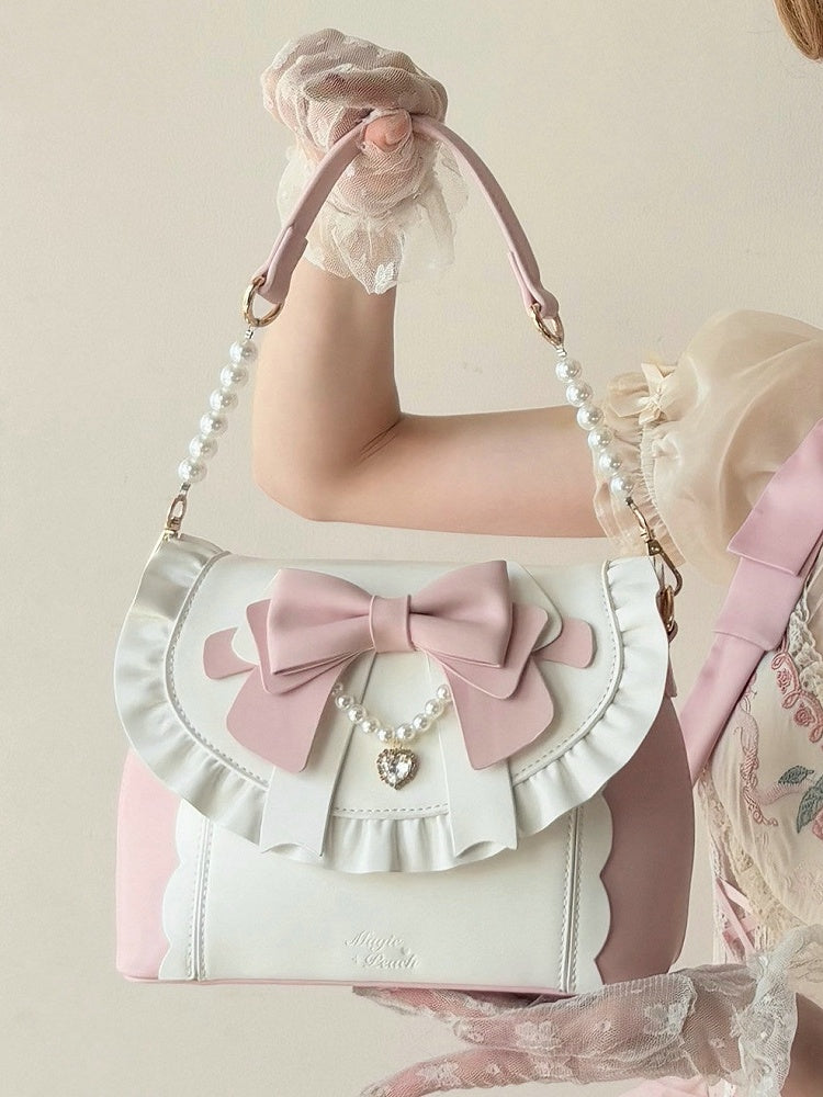 Elegant Lolita Pink & White Hand/Crossbody Bay - Crystal Heart Charm with Beaded Chain Bow & Dual Detachable Straps