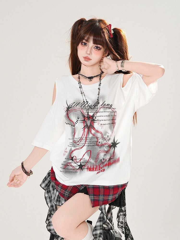 Plaid Hem Cutout Shoulder Black/White Graphic T-shirt