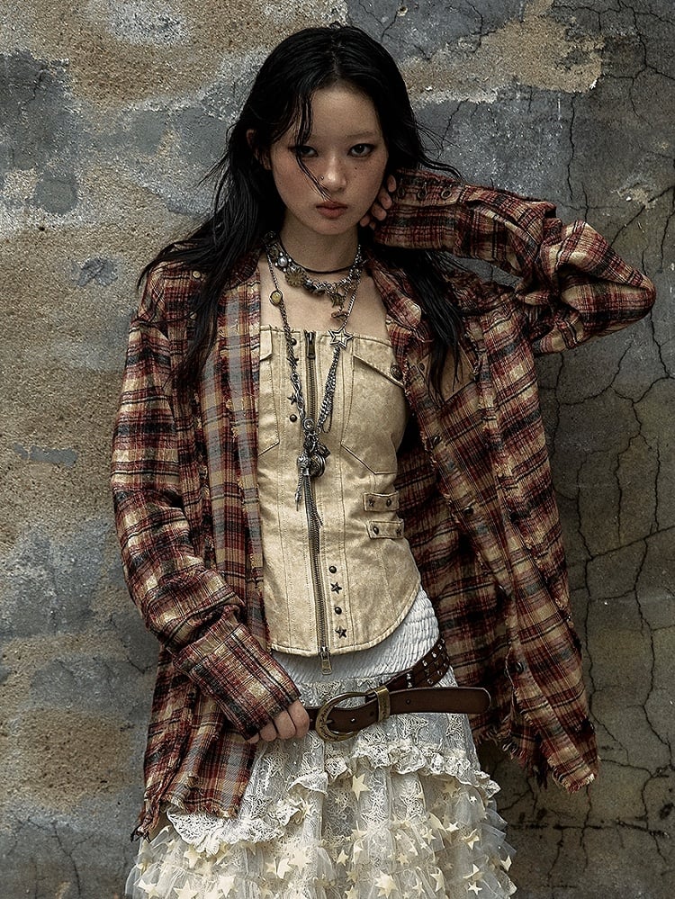 Red and Brown Plaid Punk Faded Wash Shirt Frayed Hem