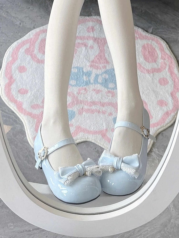 Blue Lace Trim and Bead Charm Decorated Bowknot Sweet Lolita Mary Janes