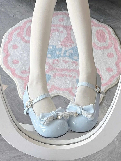 Blue Lace Trim and Bead Charm Decorated Bowknot Sweet Lolita Mary Janes