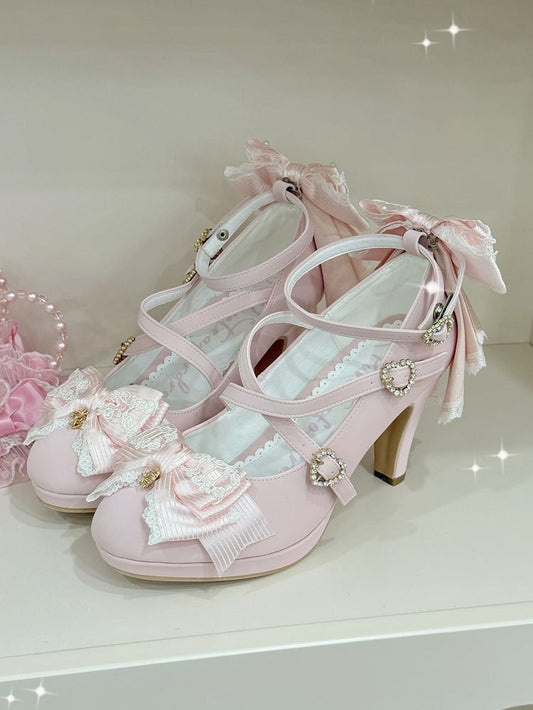 Pink Crisscross Design Heart Buckle Bow at Top High Heels