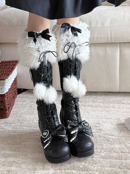 Sweet Black Lolita Boots - PU Heeled Design with Plush Collar, Bow Details & Pompom Accents