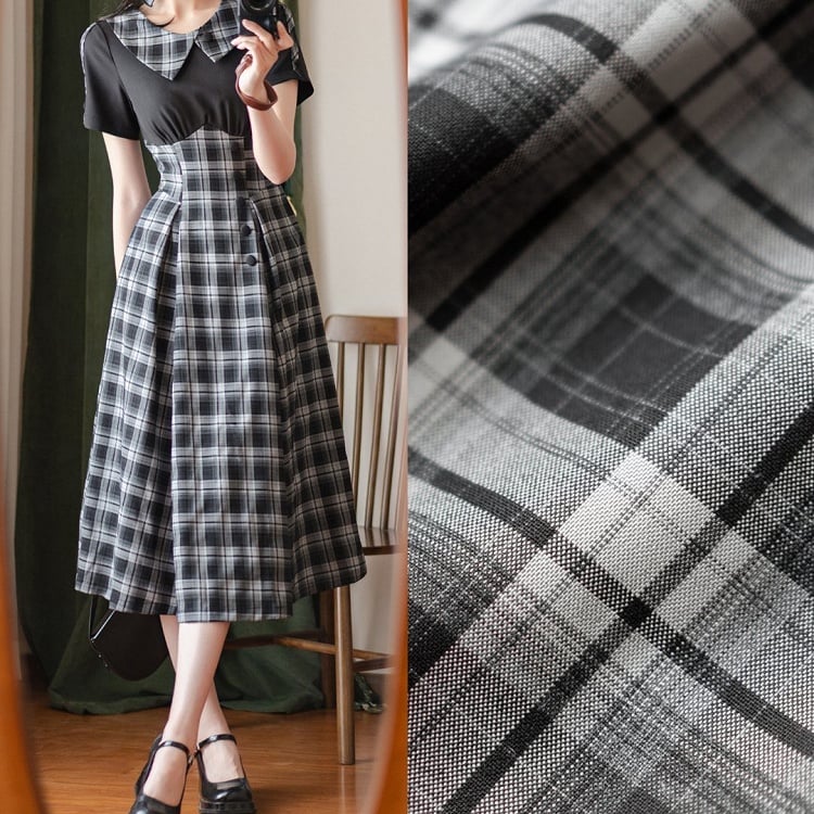Slimming Black Retro Fashion Short Sleeves Plaid Dress
