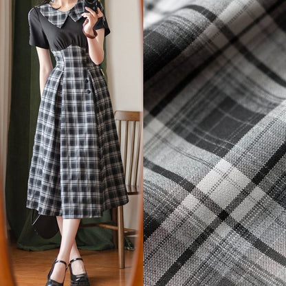 Slimming Black Retro Fashion Short Sleeves Plaid Dress