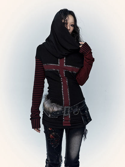 Black&Brown/Red&Black Striped Sleeves Top with Cross Design