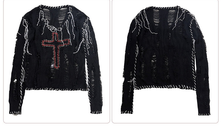 Pins Decorated Black Distressed Holes Punk Cross Sweater