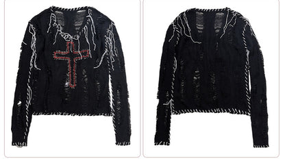 Pins Decorated Black Distressed Holes Punk Cross Sweater