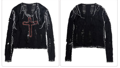 Pins Decorated Black Distressed Holes Punk Cross Sweater