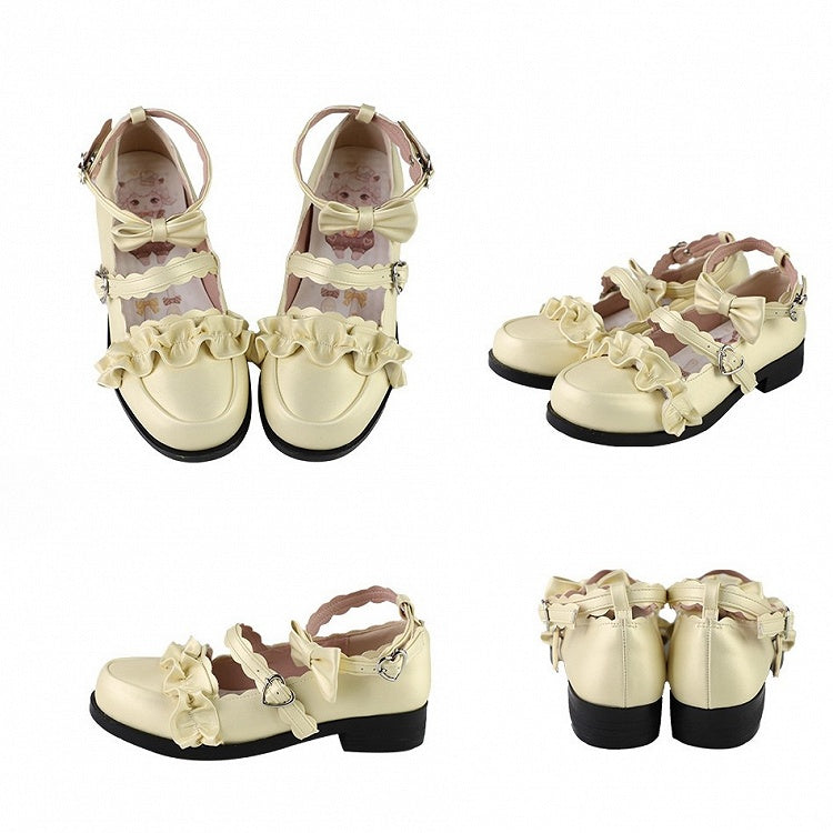 Yellow Ruffles Trim Bowknot Decorated Heart Buckles Lolita Shoes