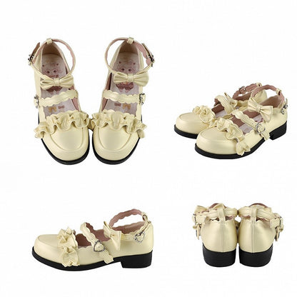 Yellow Ruffles Trim Bowknot Decorated Heart Buckles Lolita Shoes